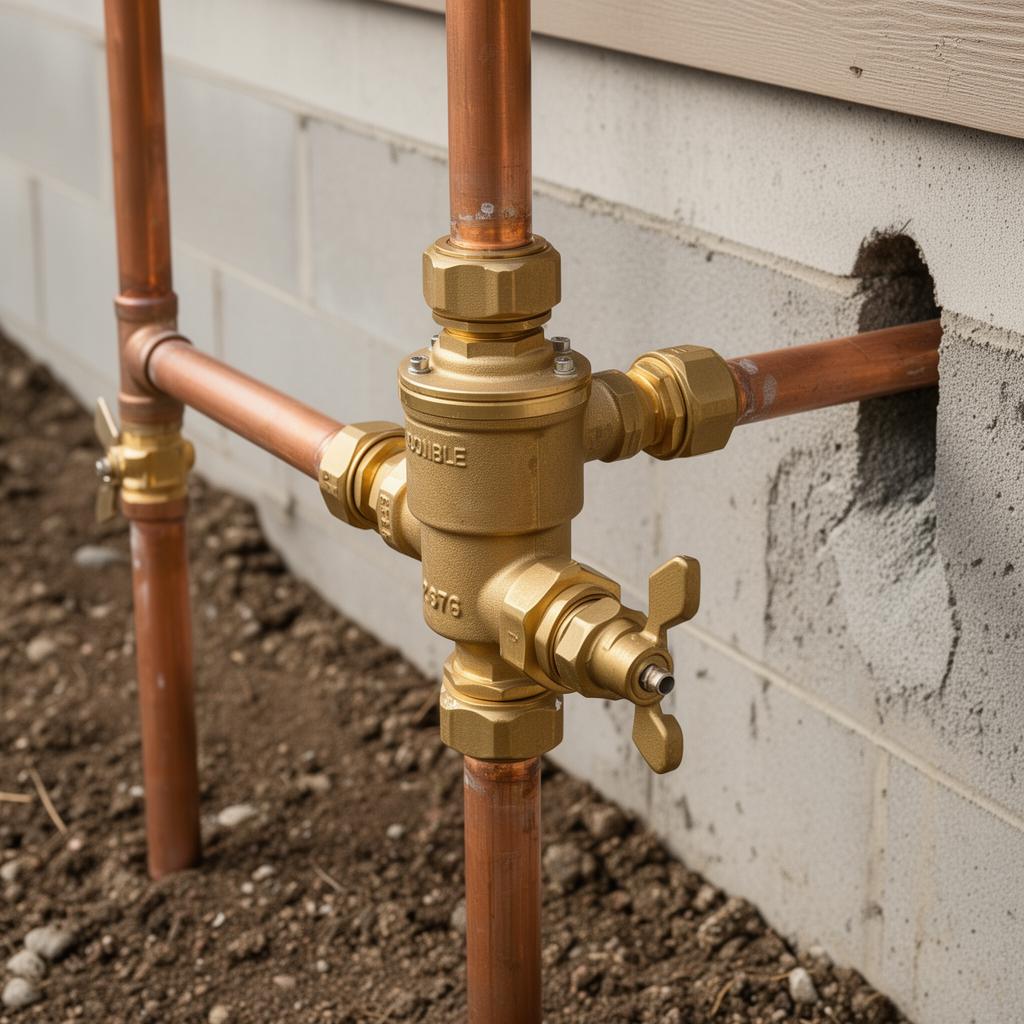 Backflow prevention device close-up showing double check valve assembly