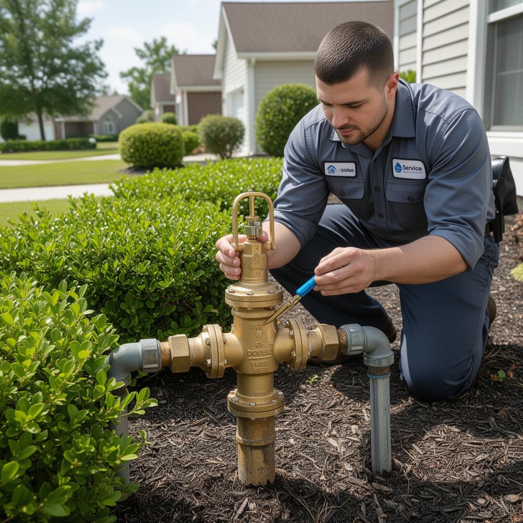 Outdoor backflow preventer inspection on residential property