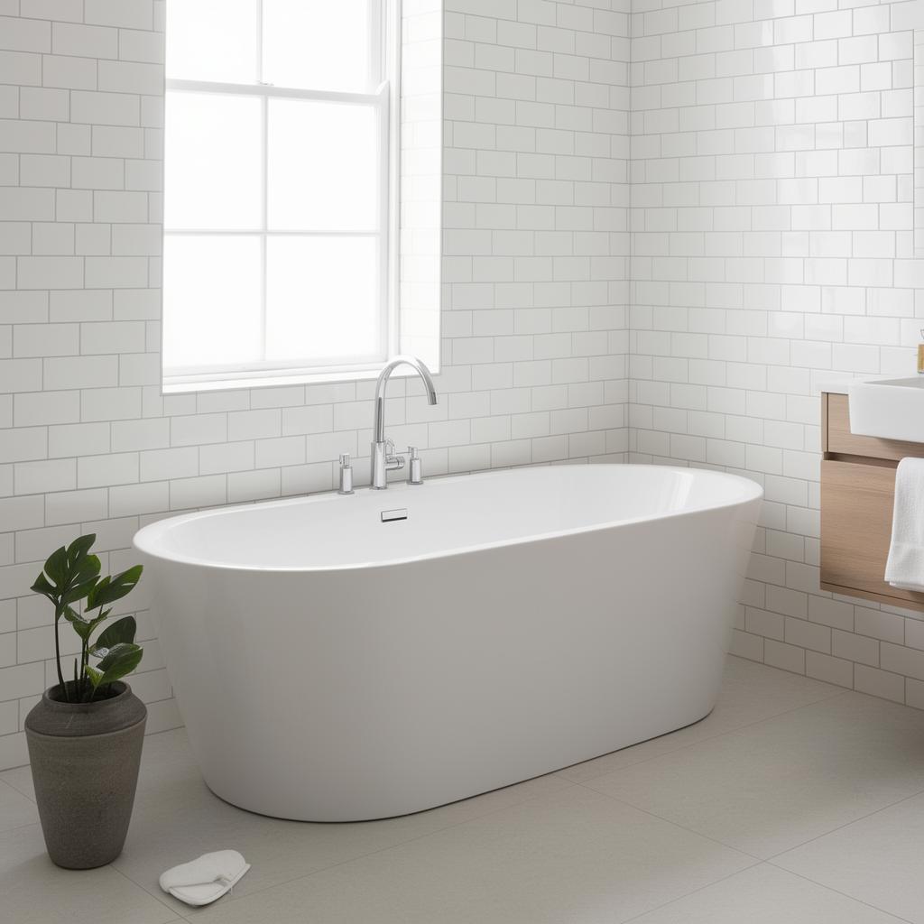 Modern soaking bathtub in renovated bathroom
