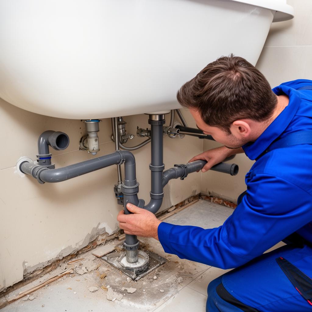 Plumber connecting bathtub drain pipes