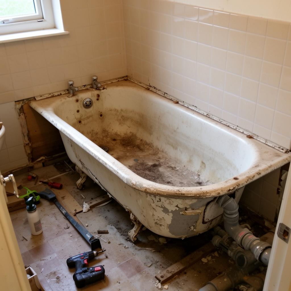 Old bathtub being removed during replacement