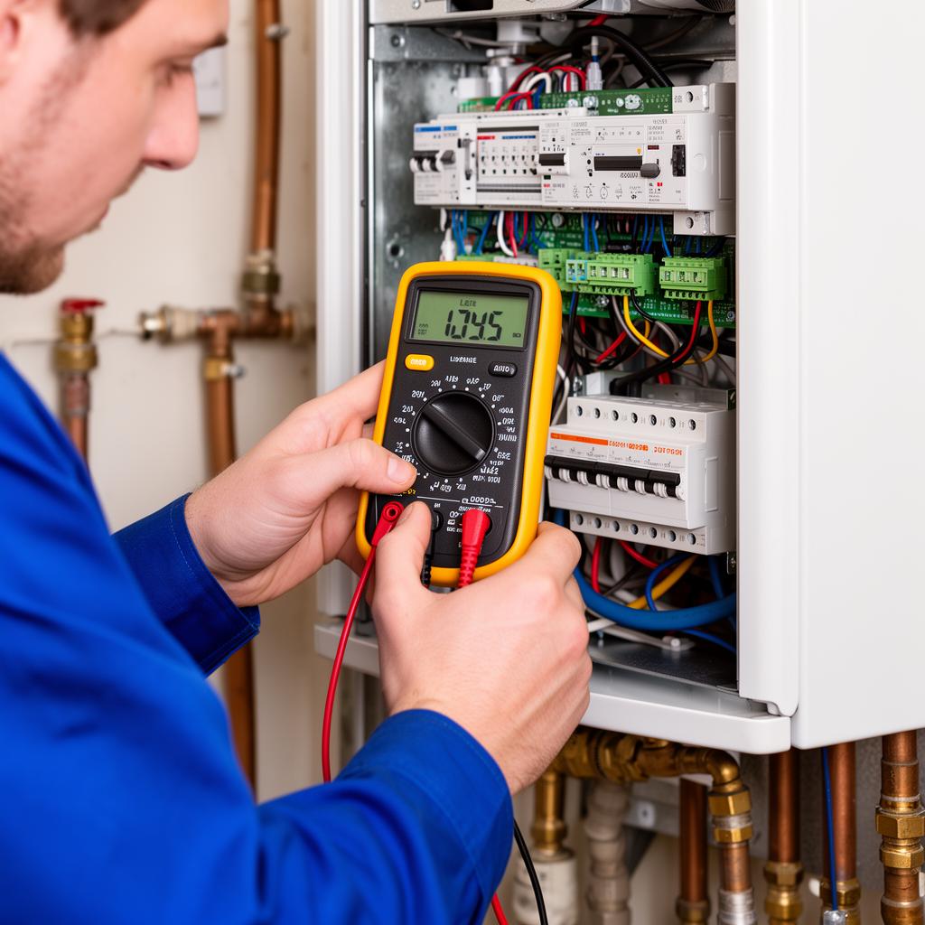 Technician diagnosing boiler electrical components