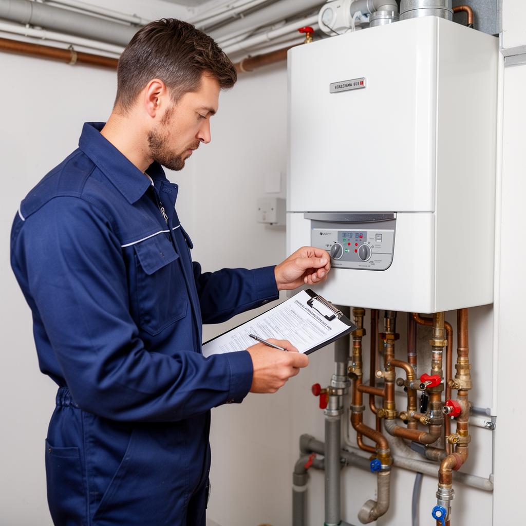 Technician performing boiler maintenance inspection