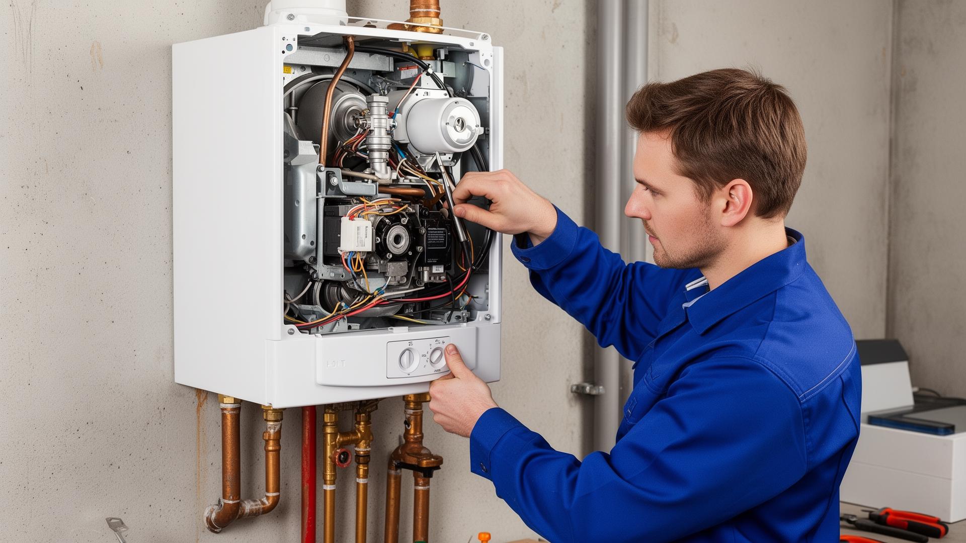 Technician servicing boiler interior components