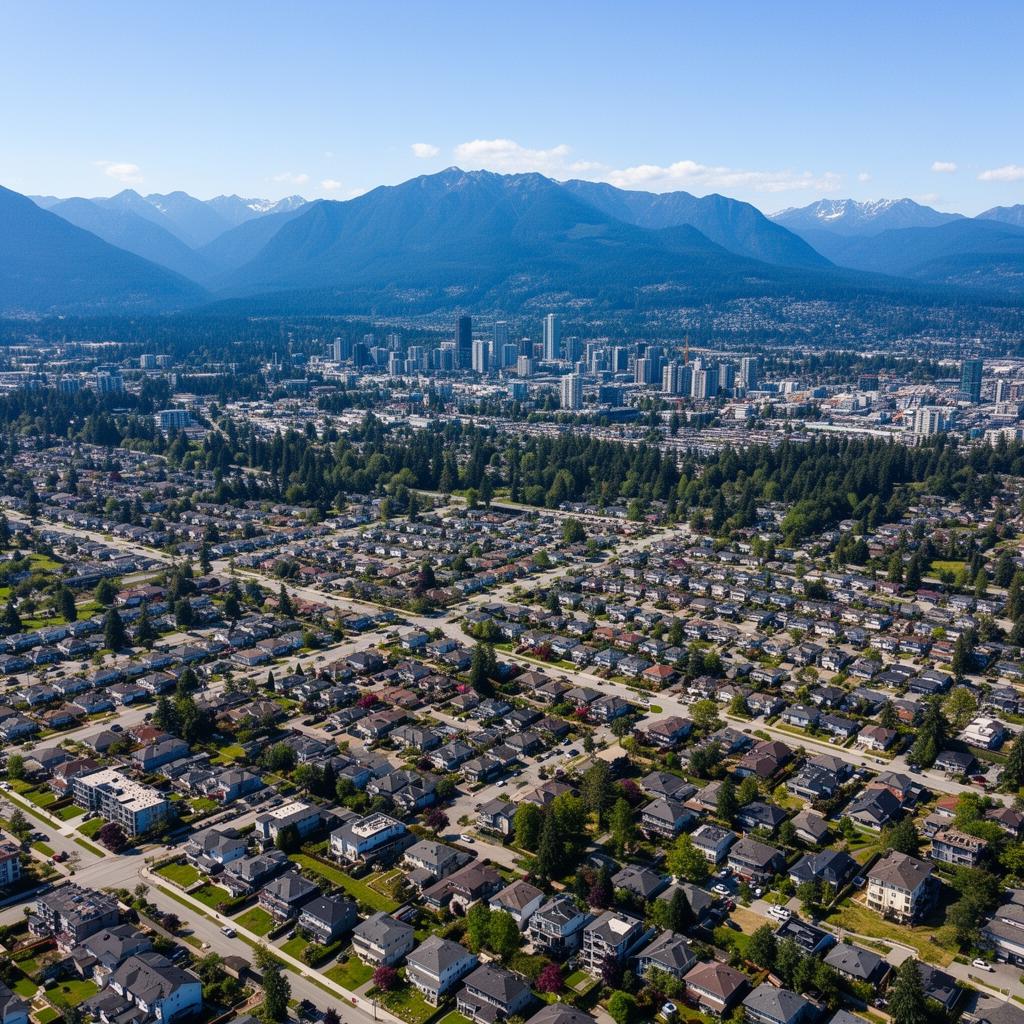 Aerial view of Coquitlam BC with mountains