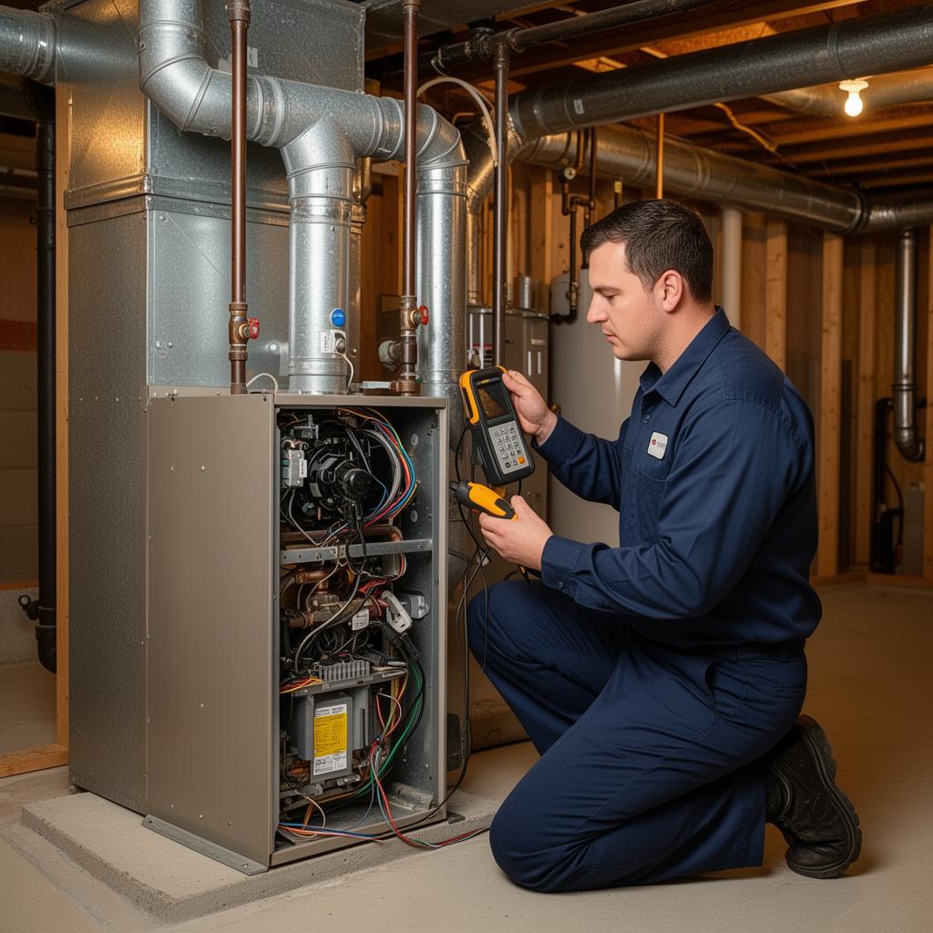 Heating contractor servicing furnace in Coquitlam