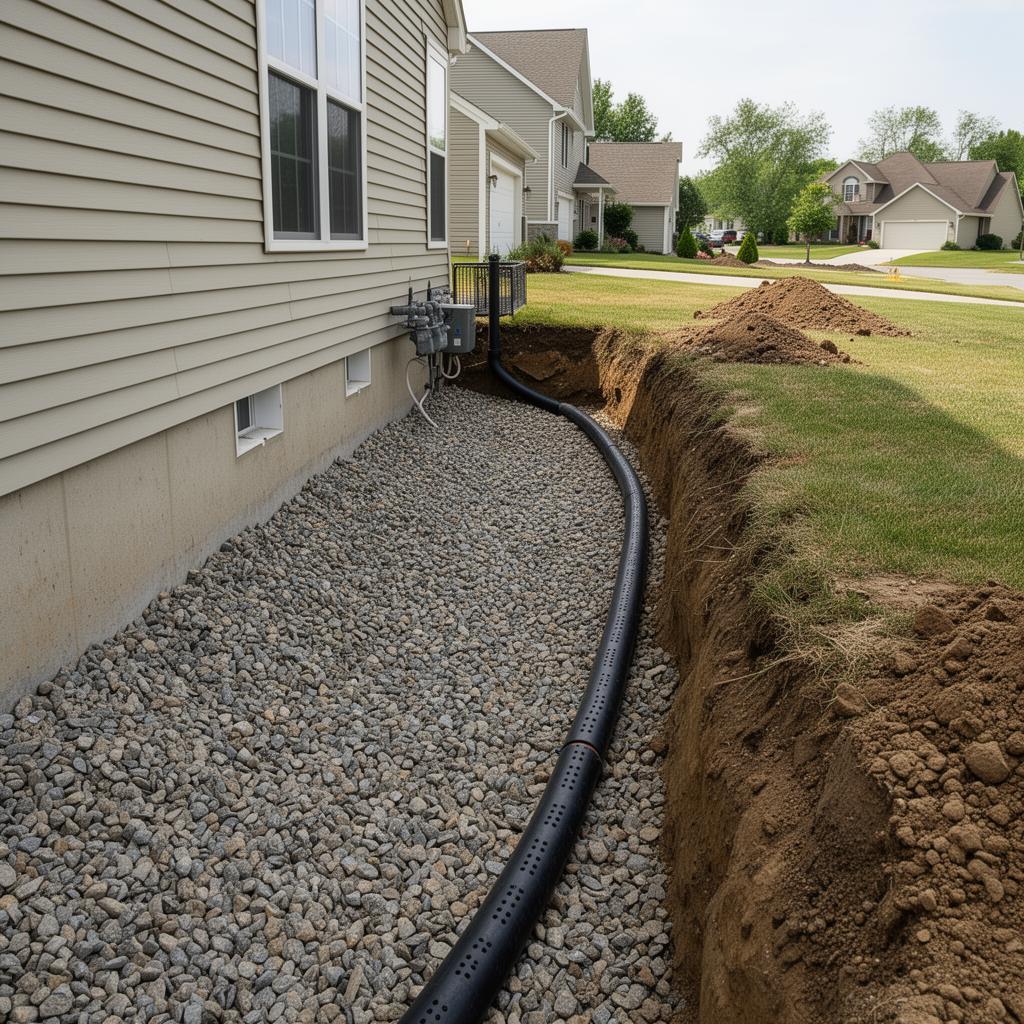Completed drain tile system with gravel bed around foundation