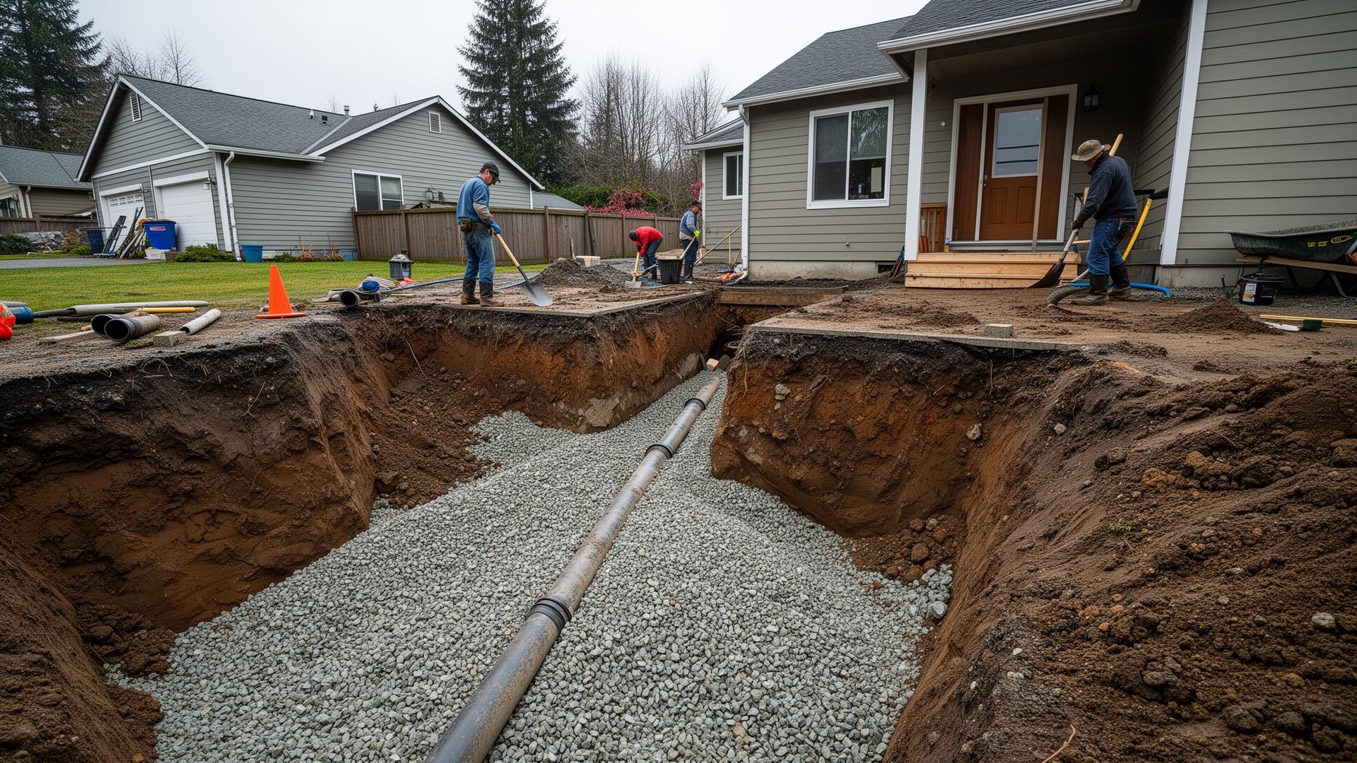 Drain tile excavation work in progress around residential foundation