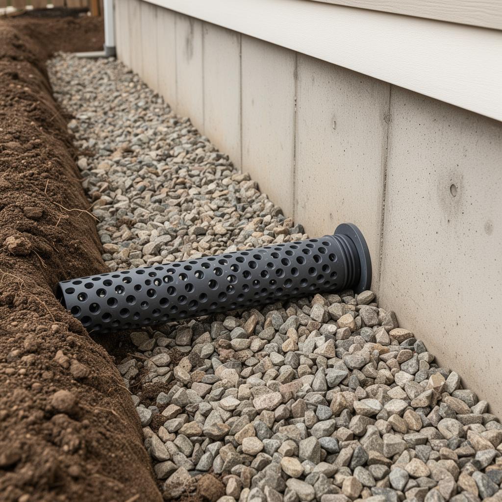 Perforated drain tile pipe installed in gravel bed next to foundation