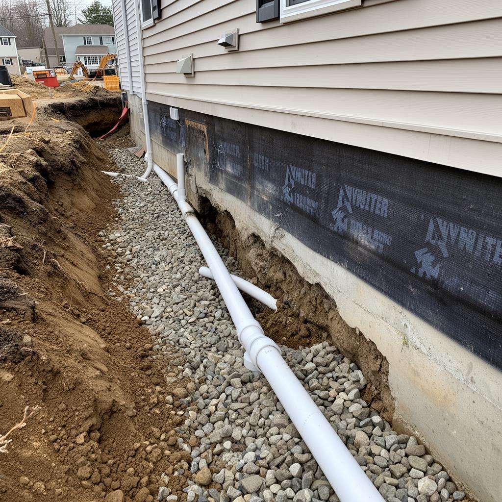Drain tile replacement with new PVC pipe along foundation