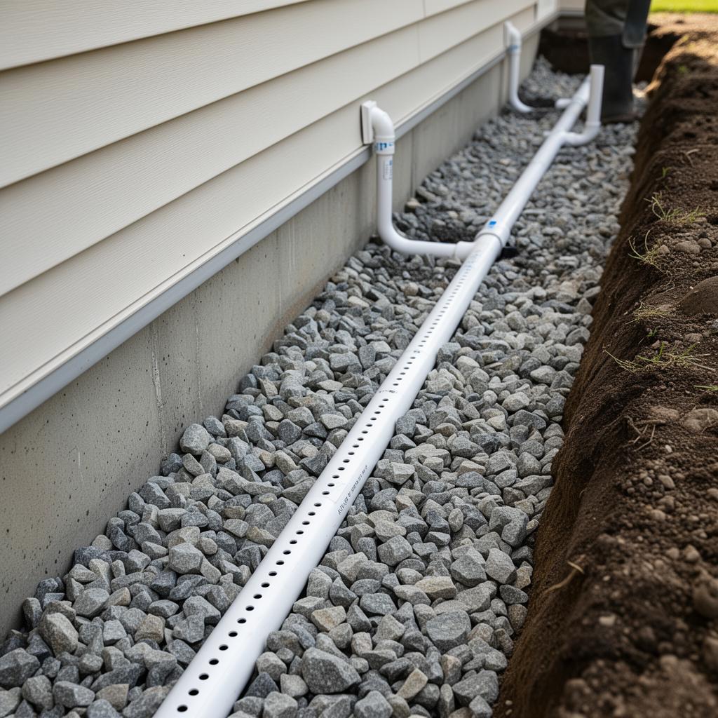 Perimeter drainage pipe installation with gravel bed