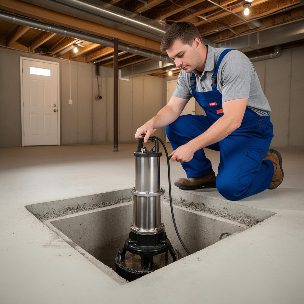 Sump pump installation in residential basement