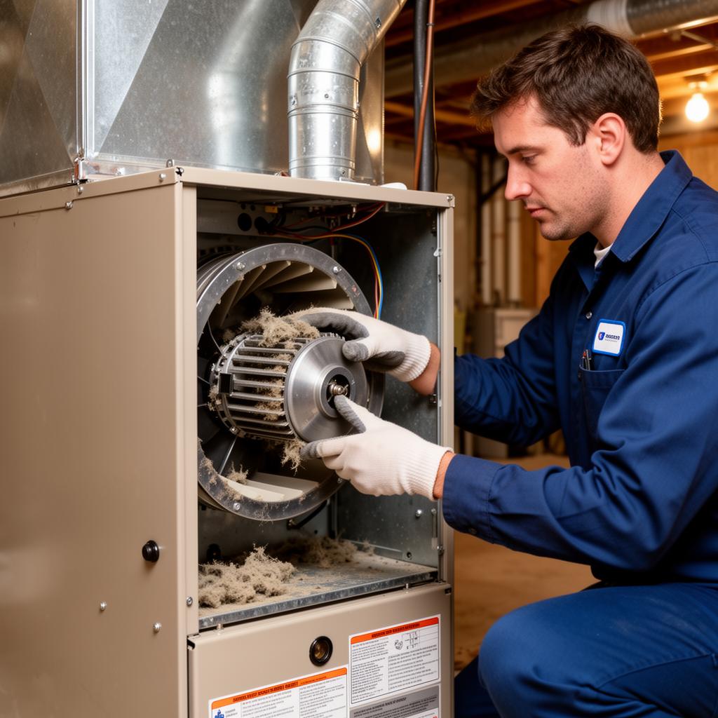 Technician cleaning furnace blower motor during maintenance