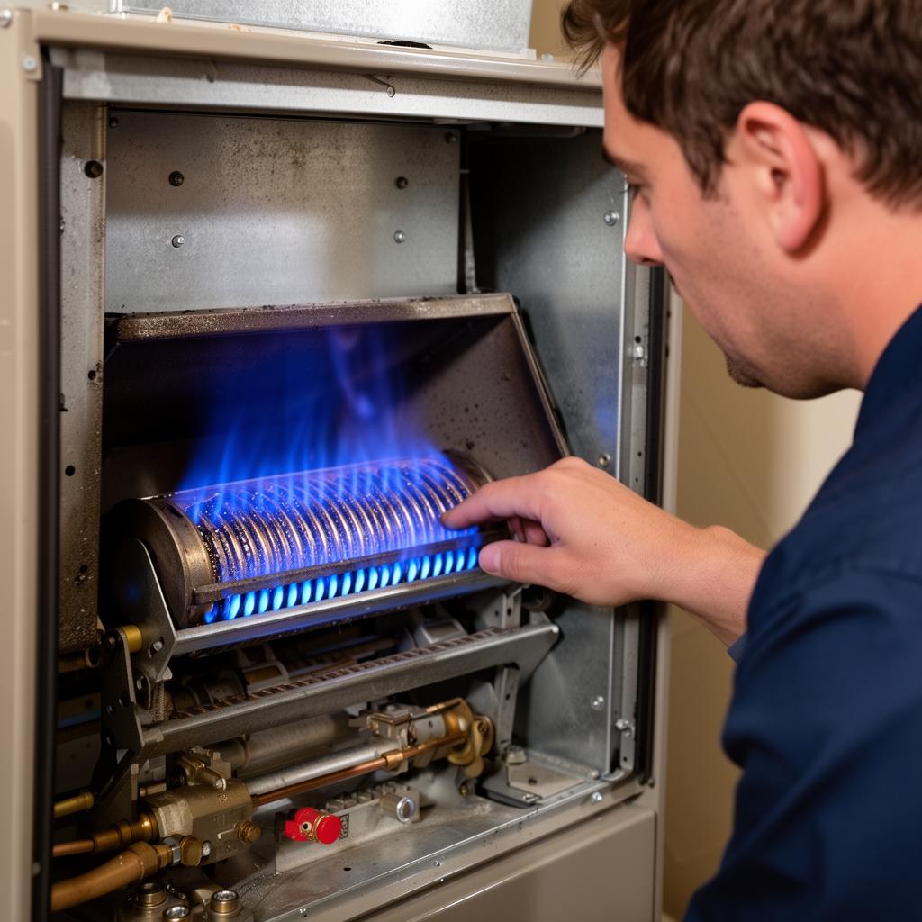 Technician inspecting furnace burner flames during maintenance