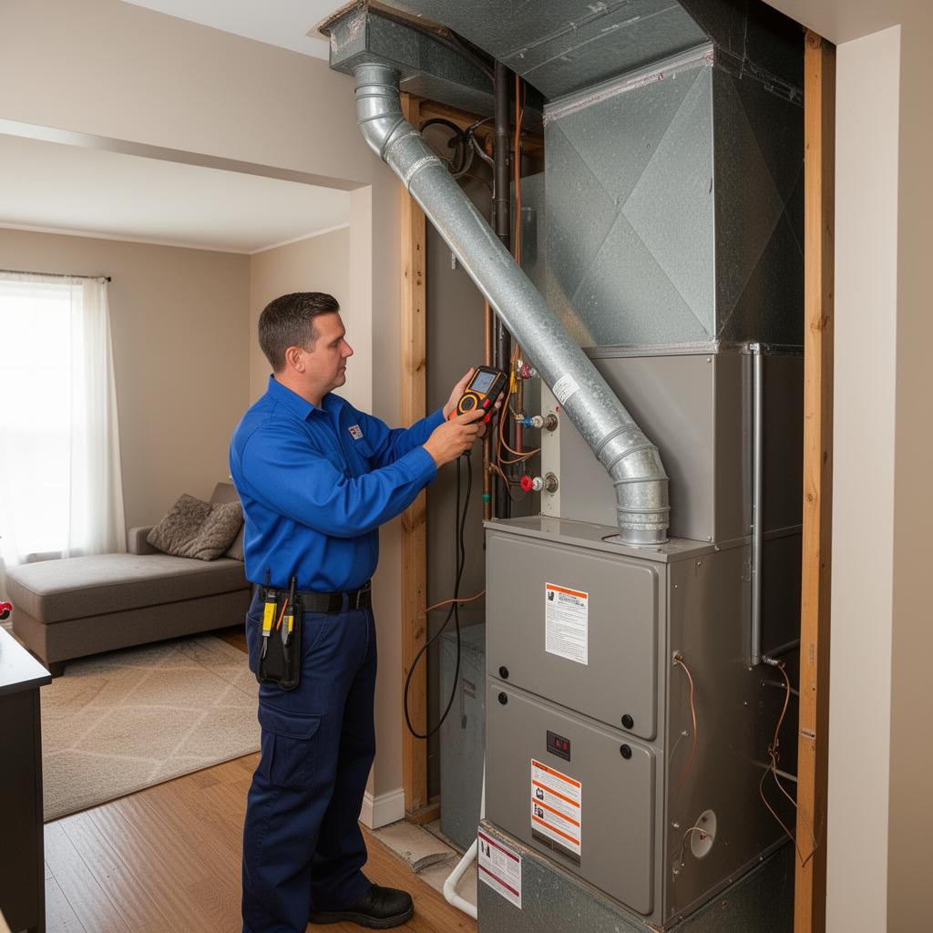 Technician inspecting furnace venting and flue connections