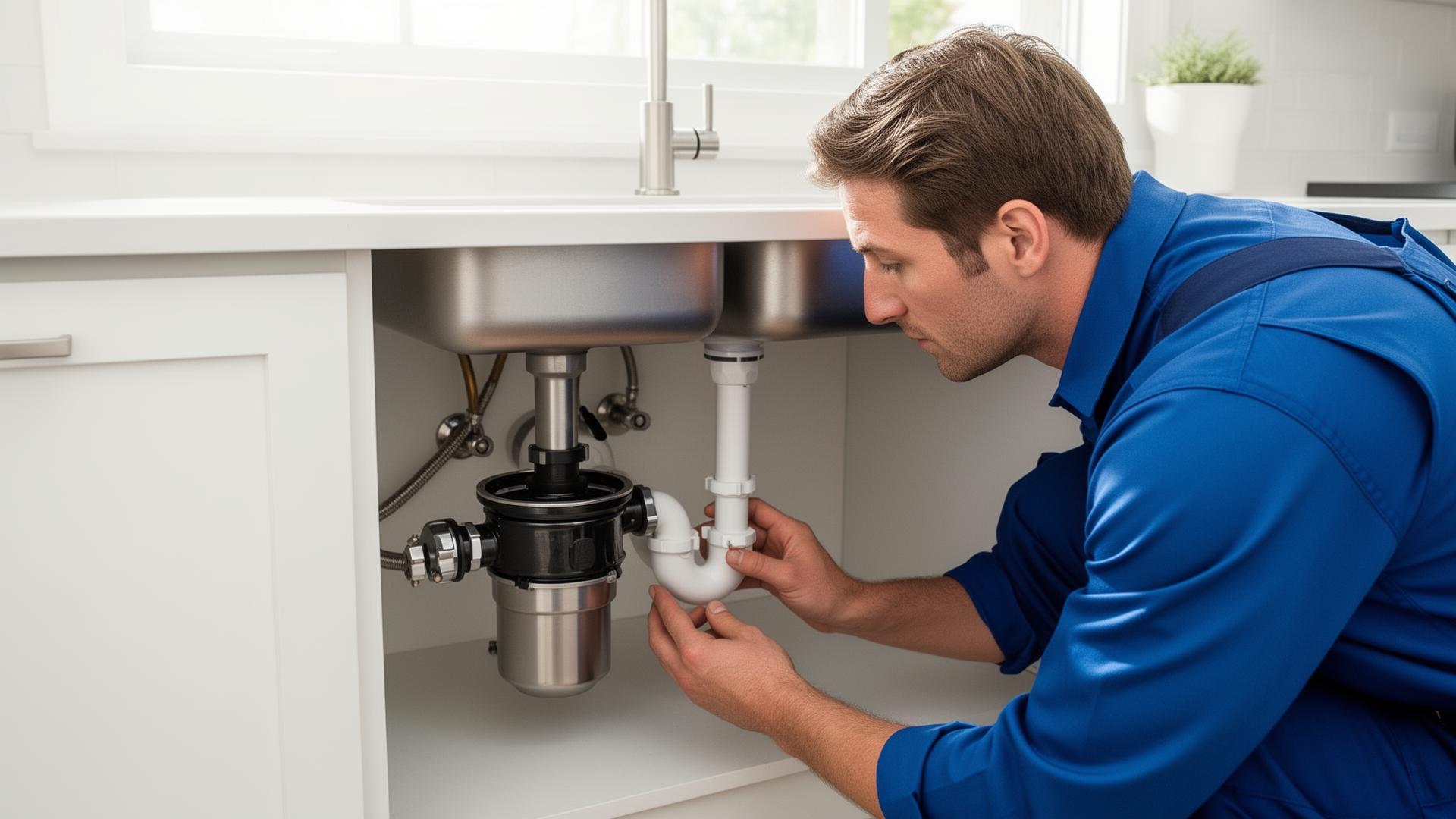 Plumber performing garburator safety check