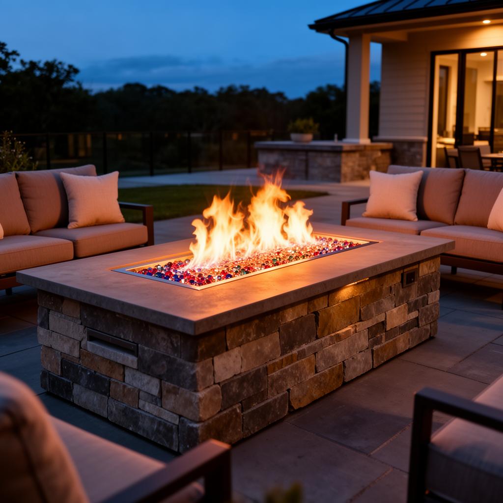Outdoor gas fire pit installation with natural gas connection