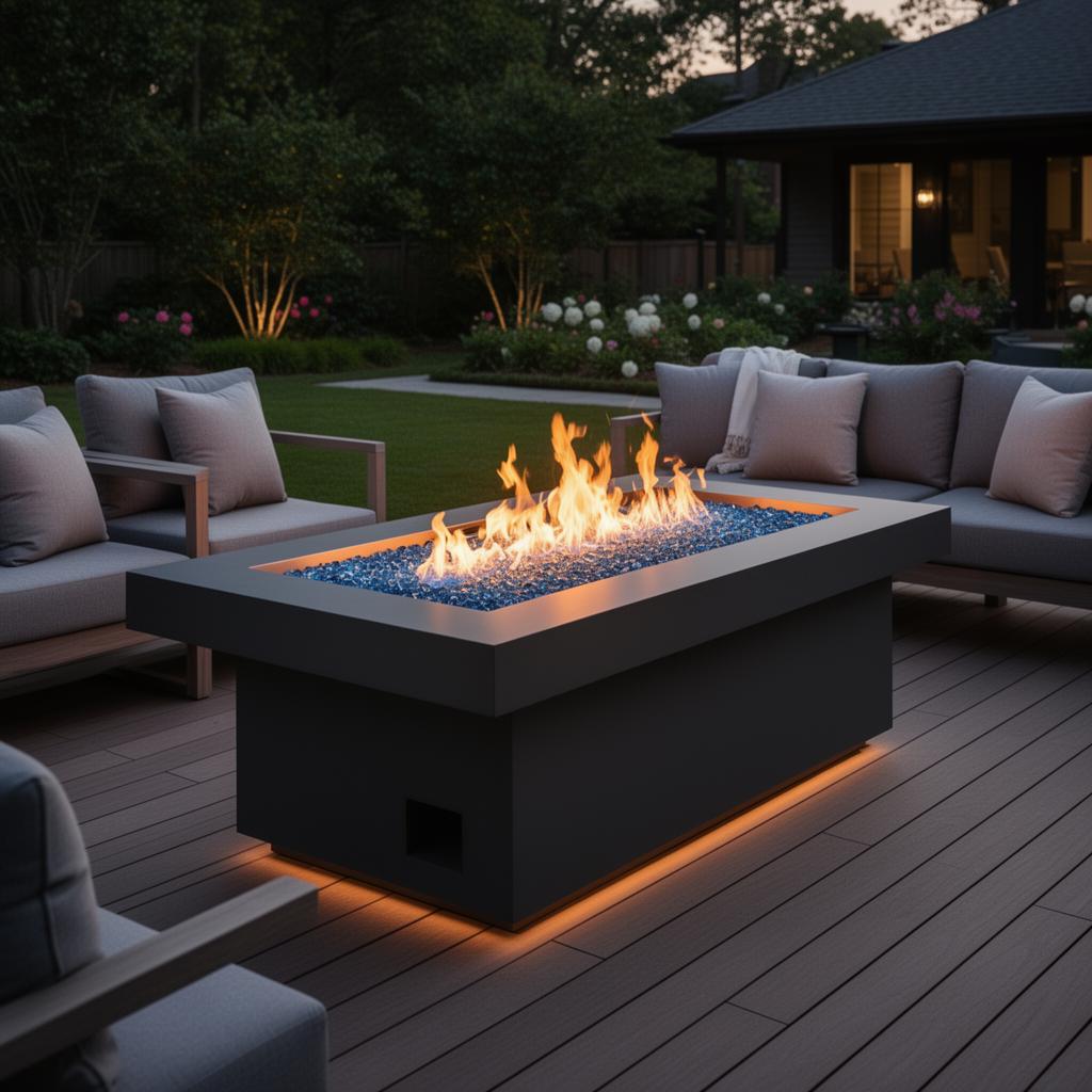 Modern fire table on outdoor deck
