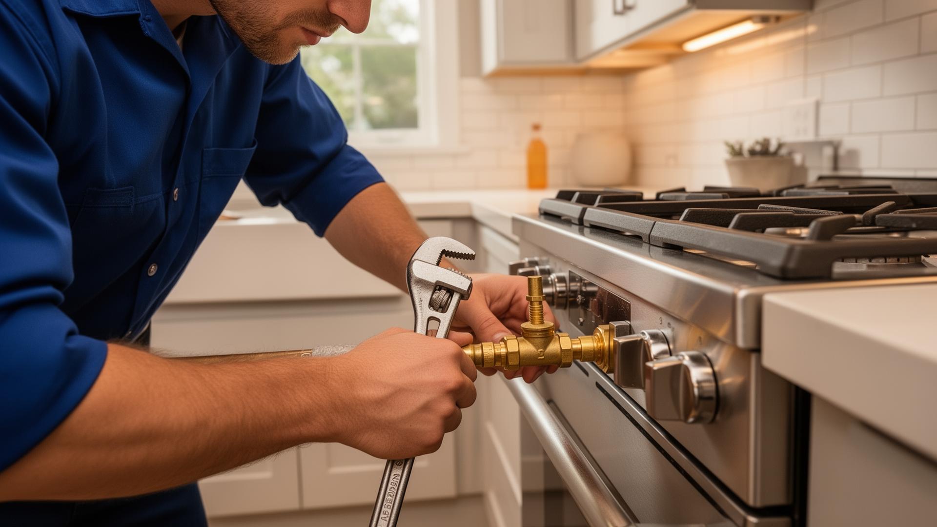 Professional gas fitter installing a natural gas line connection