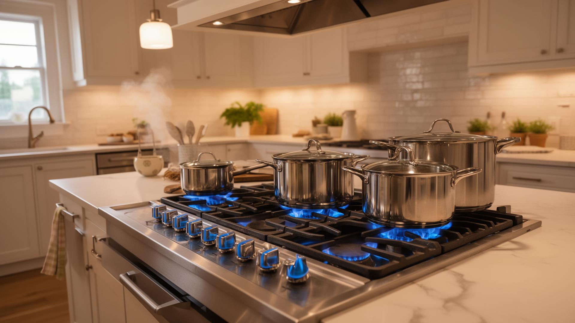 Gas range cooking with blue flames