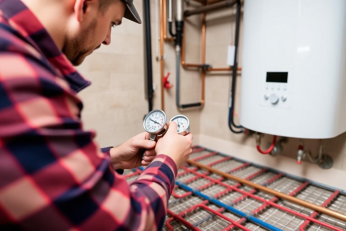 Technician pressure testing hydronic radiant floor system