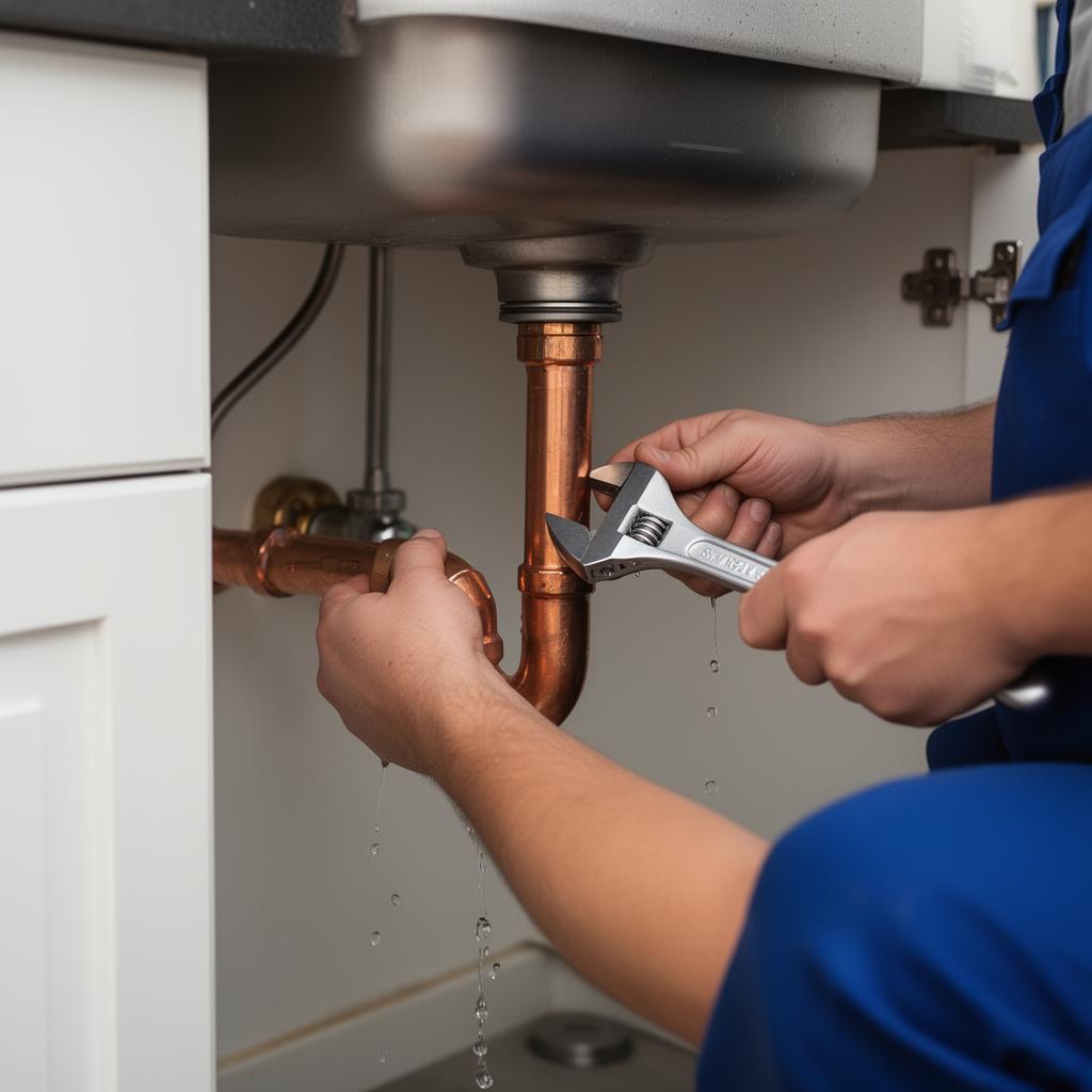 Plumber repairing a leaking pipe in a home