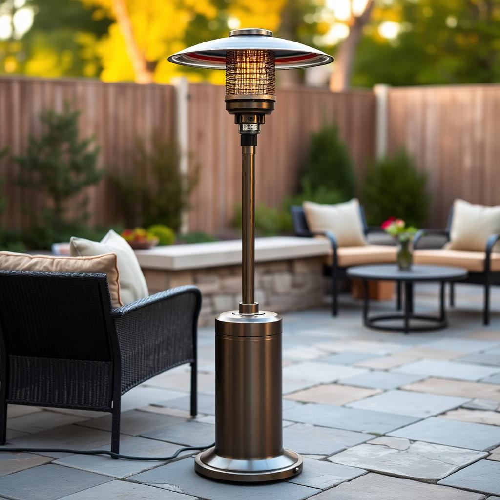 Free-standing patio heater on stone patio