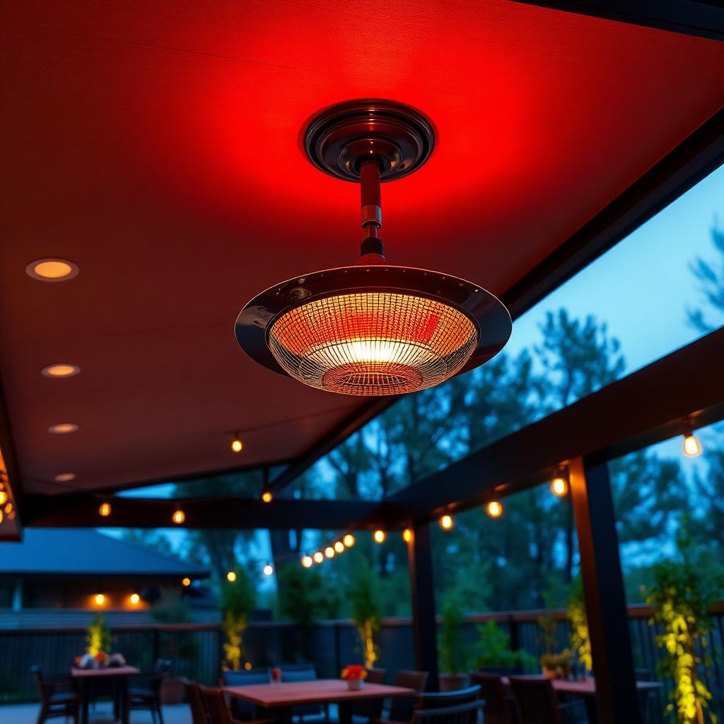 Overhead patio heater on commercial outdoor dining area