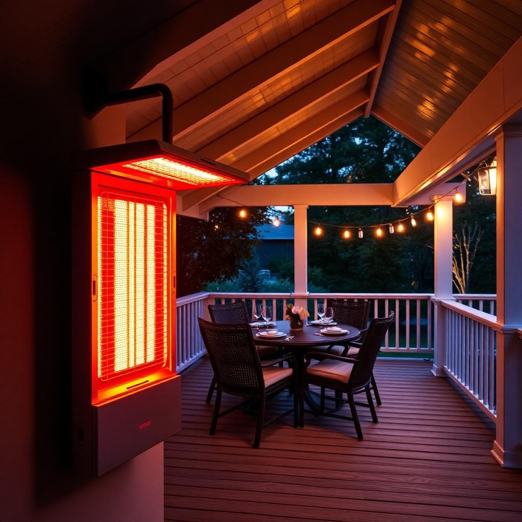 Wall-mounted patio heater on covered deck