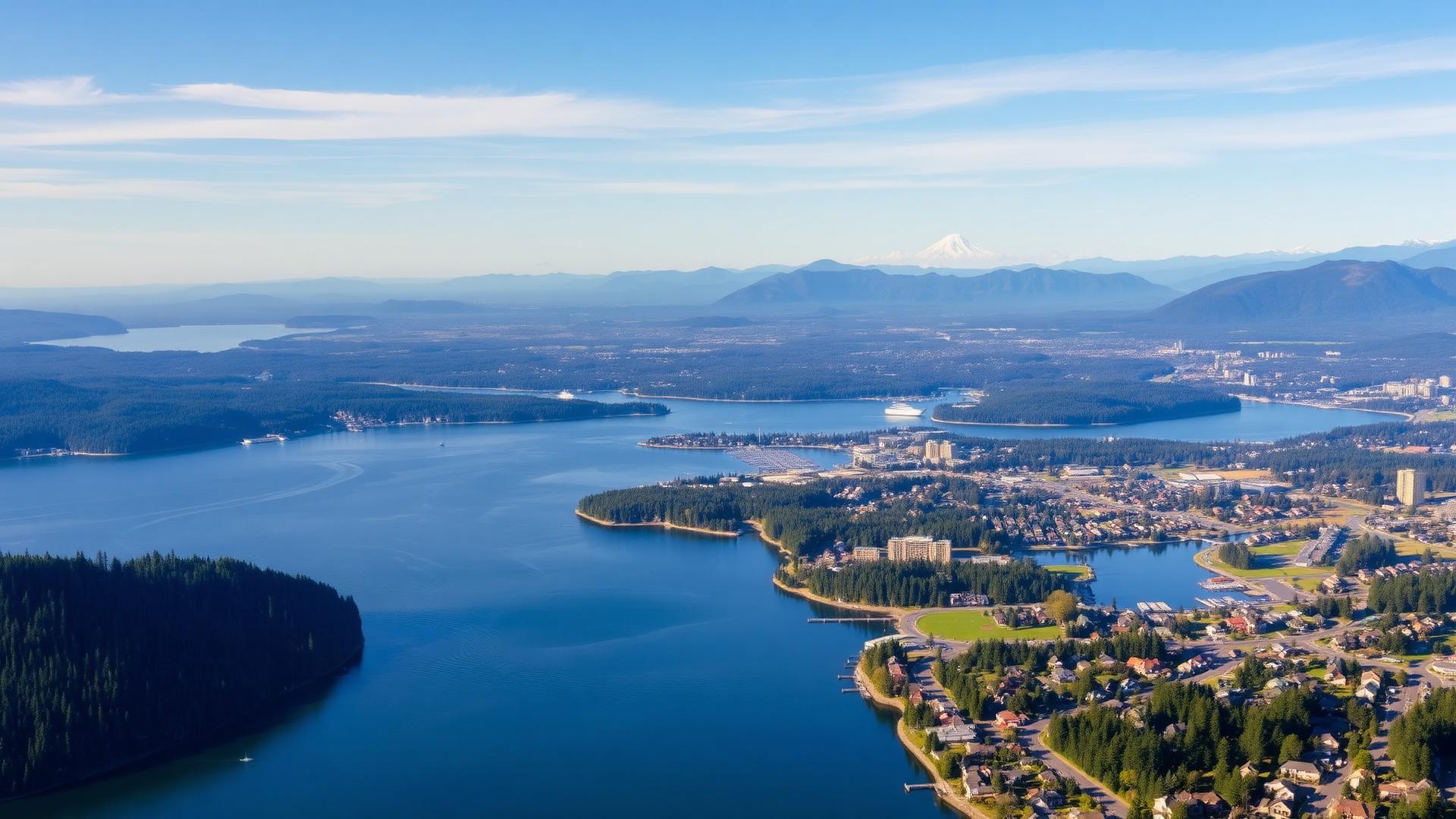 Aerial view of Port Moody BC with Burrard Inlet and mountains