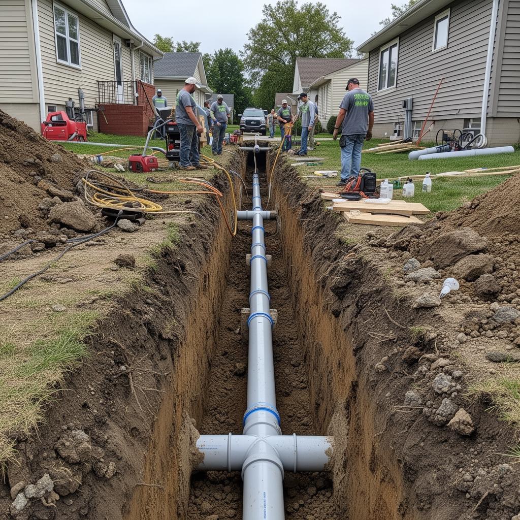 Sewer line excavation and pipe replacement