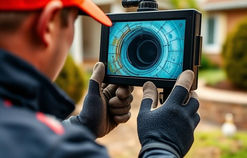 Plumber reviewing sewer camera inspection monitor