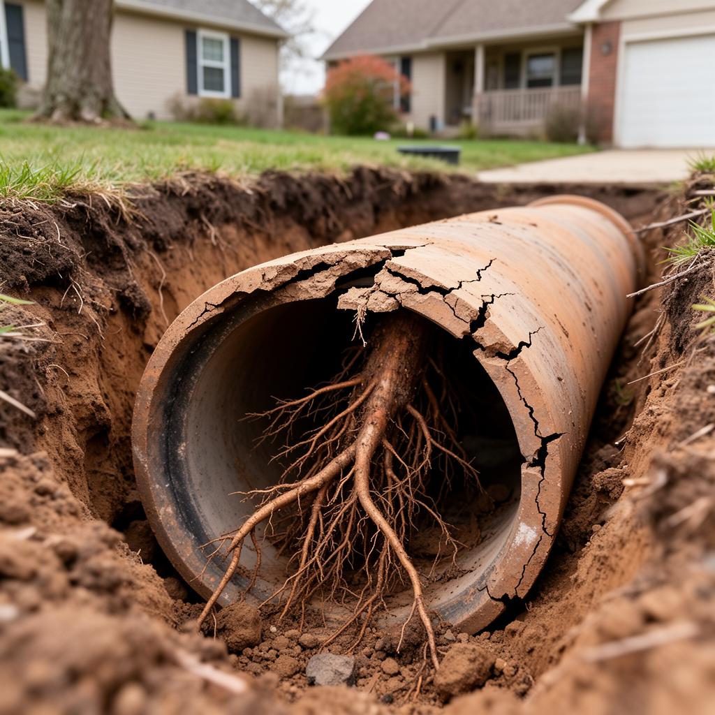 Damaged sewer pipe with tree root intrusion