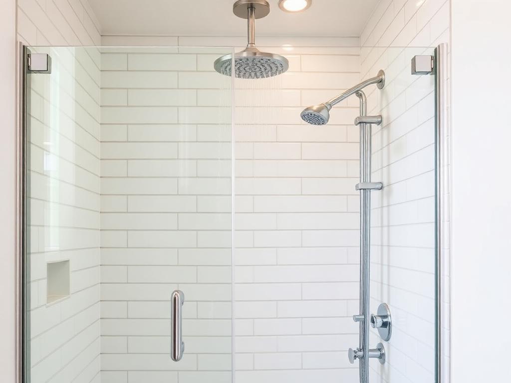 Completed modern shower installation with rainfall showerhead and glass enclosure