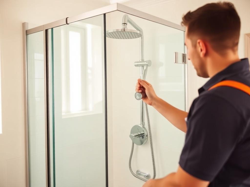 Professional plumber installing shower fixtures and valve
