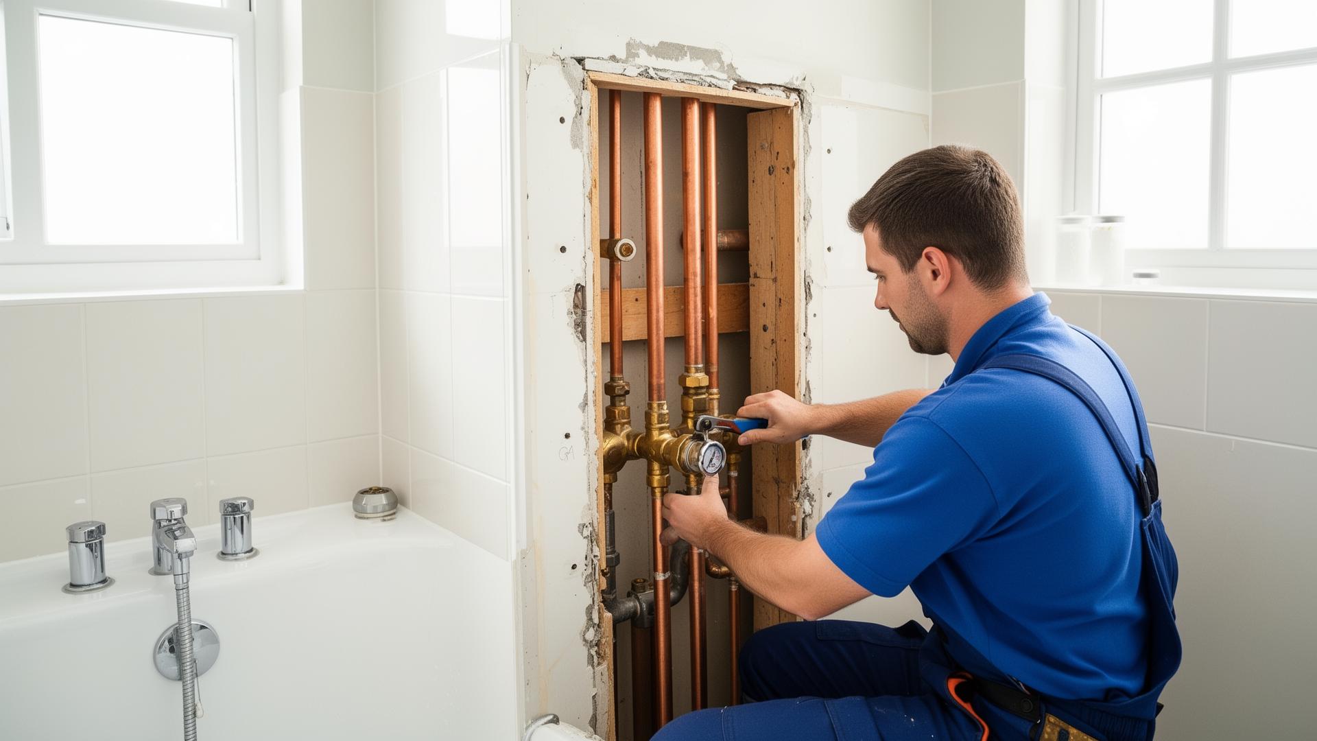 Professional plumber repairing shower valve behind wall