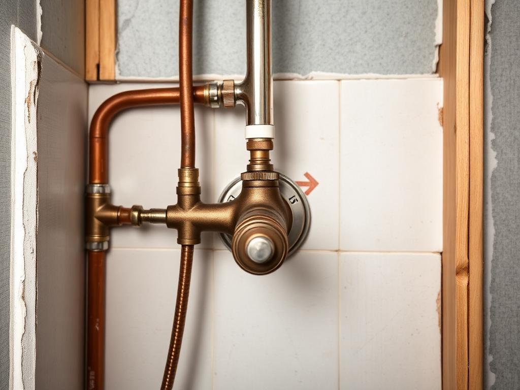 Shower valve rough-in plumbing with copper pipes during bathroom renovation