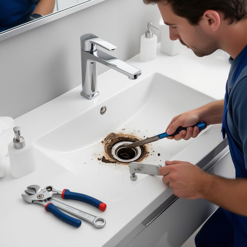Sink drain repair and cleaning service in progress