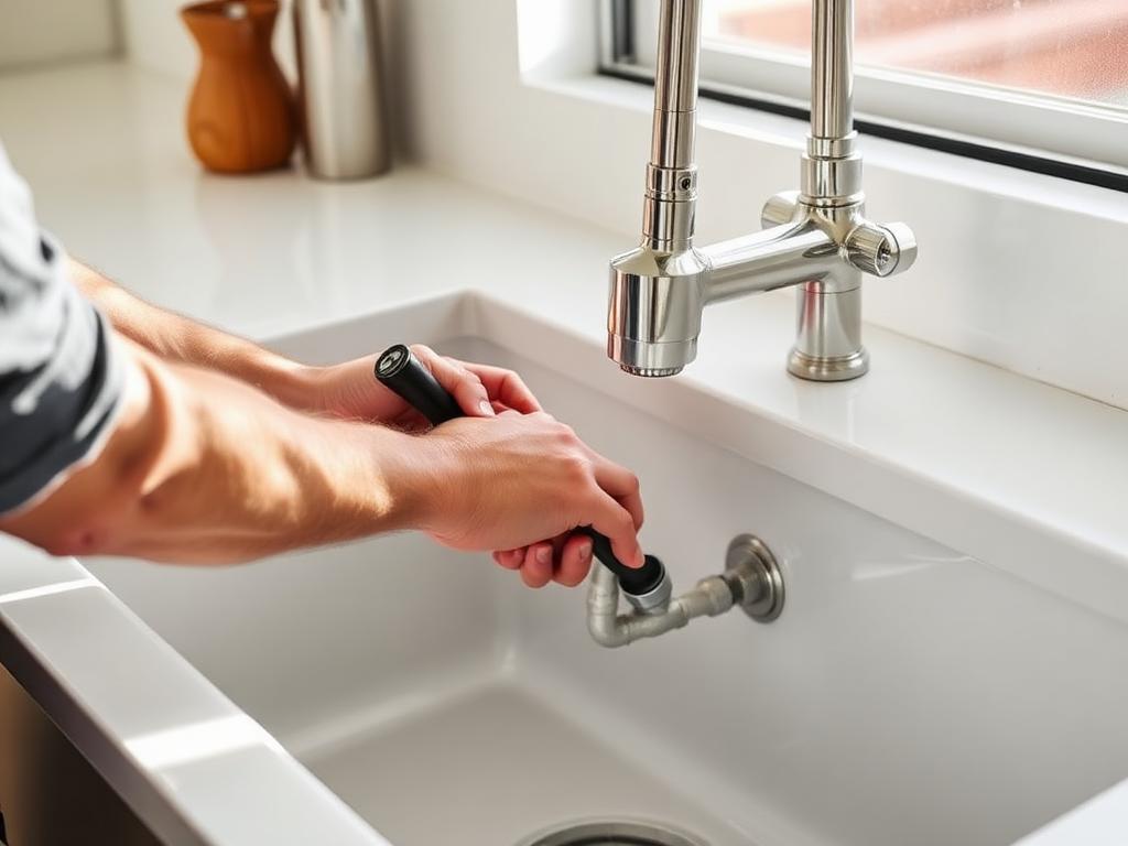 Plumber repairing kitchen sink faucet