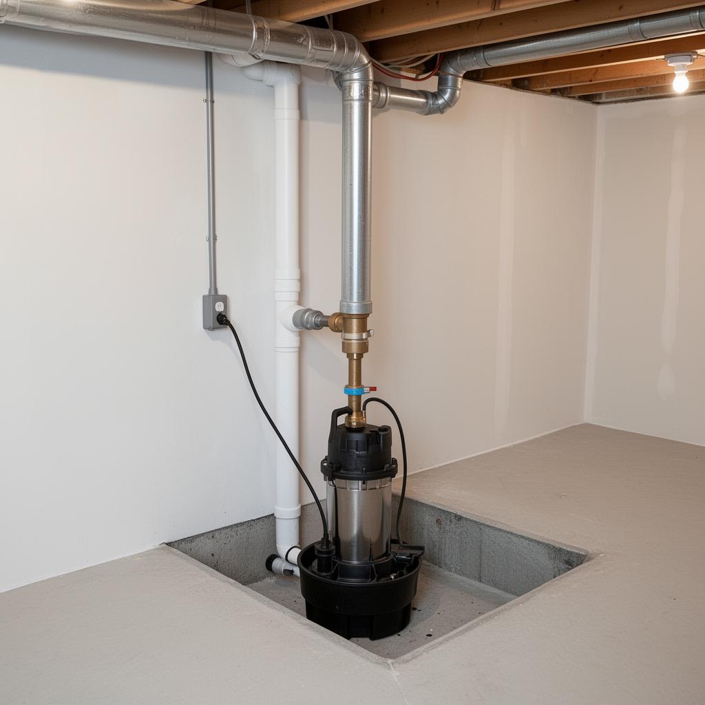 Completed sump pump installation with check valve and discharge