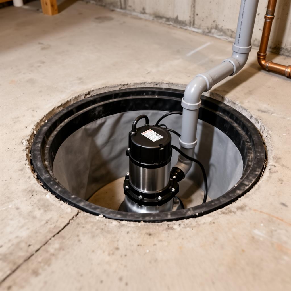 Sump pump basin pit installation in residential basement