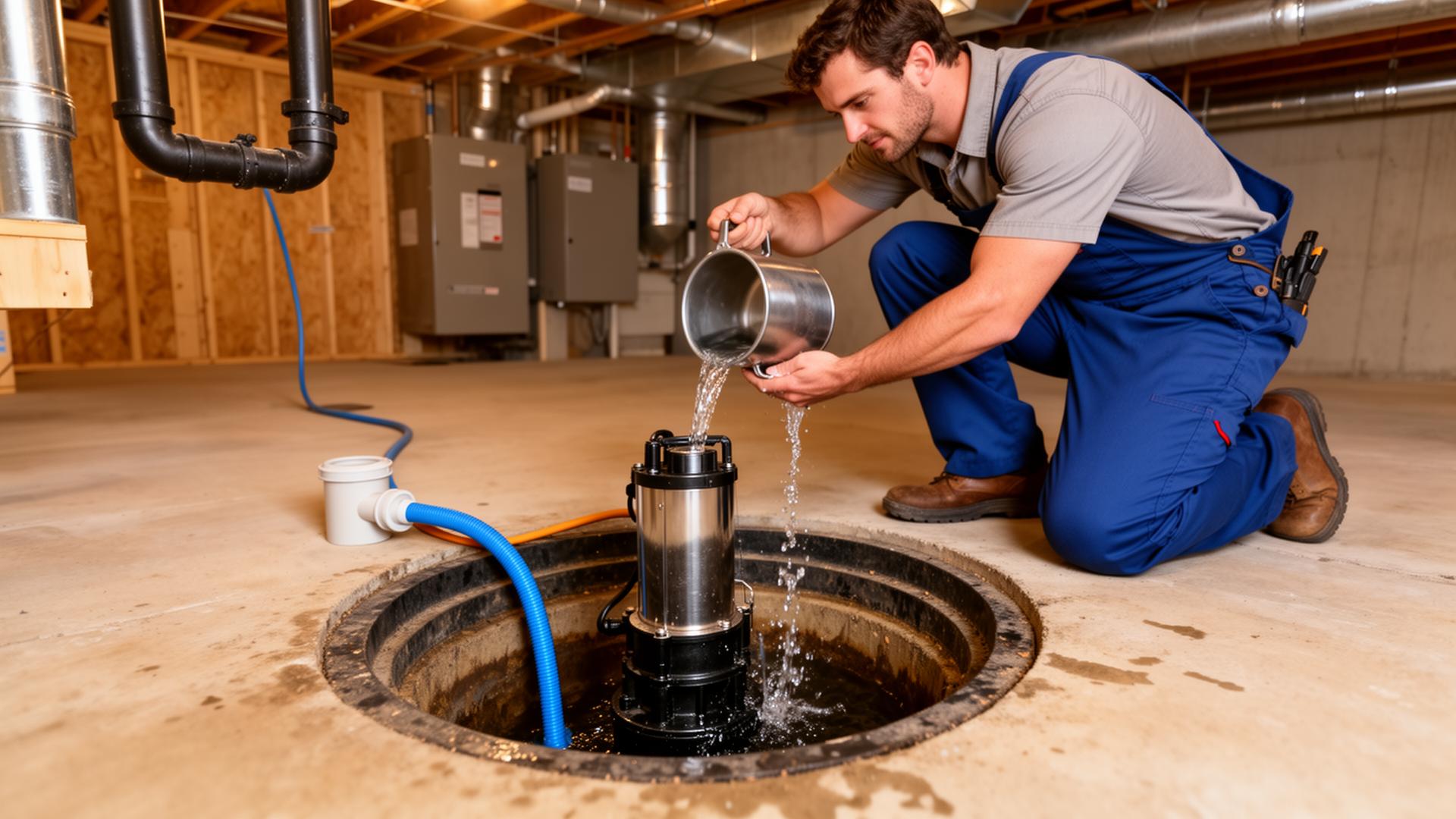 Plumber testing sump pump system activation