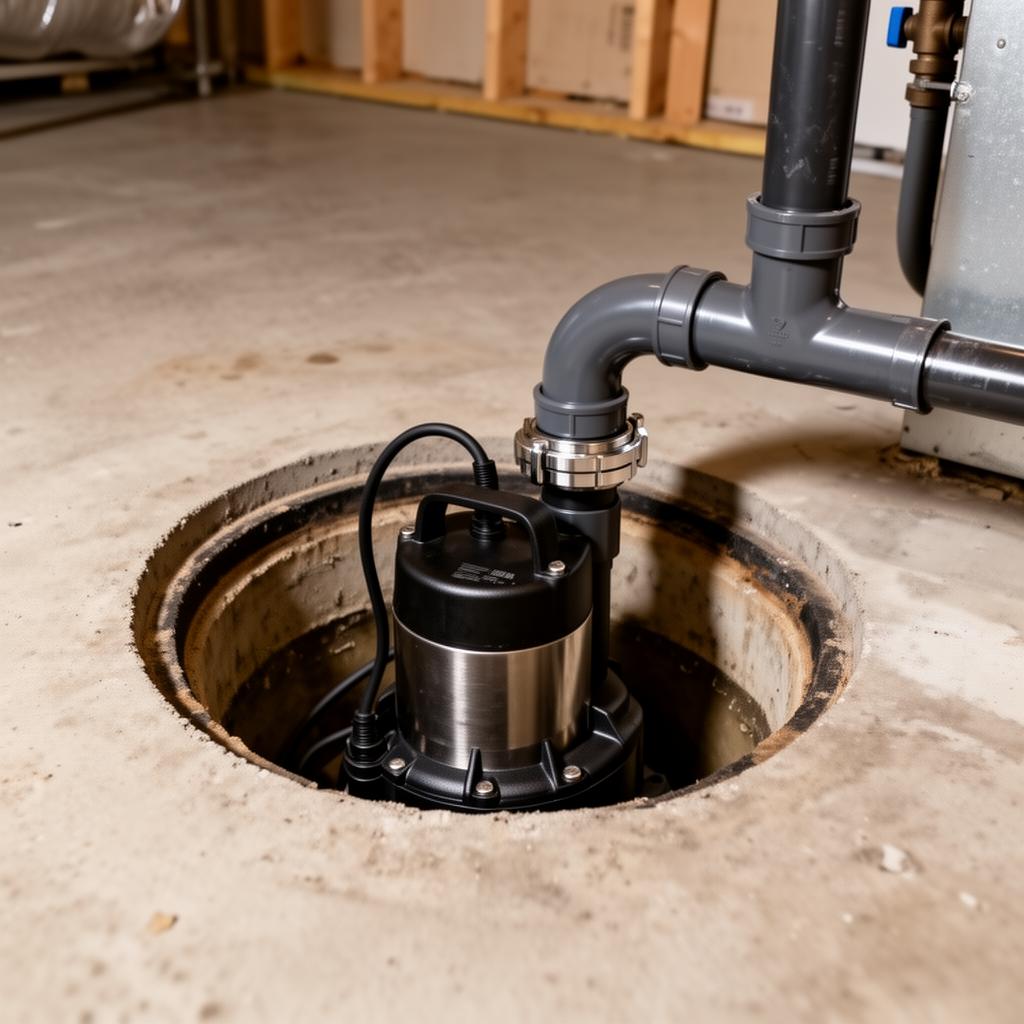 Residential sump pump pit with submersible pump