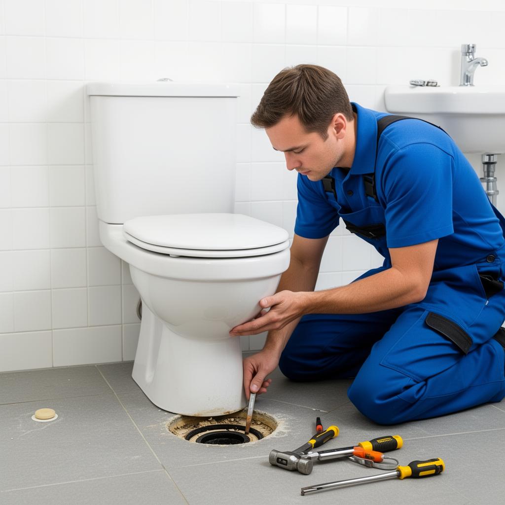 Plumber inspecting toilet base and wax ring