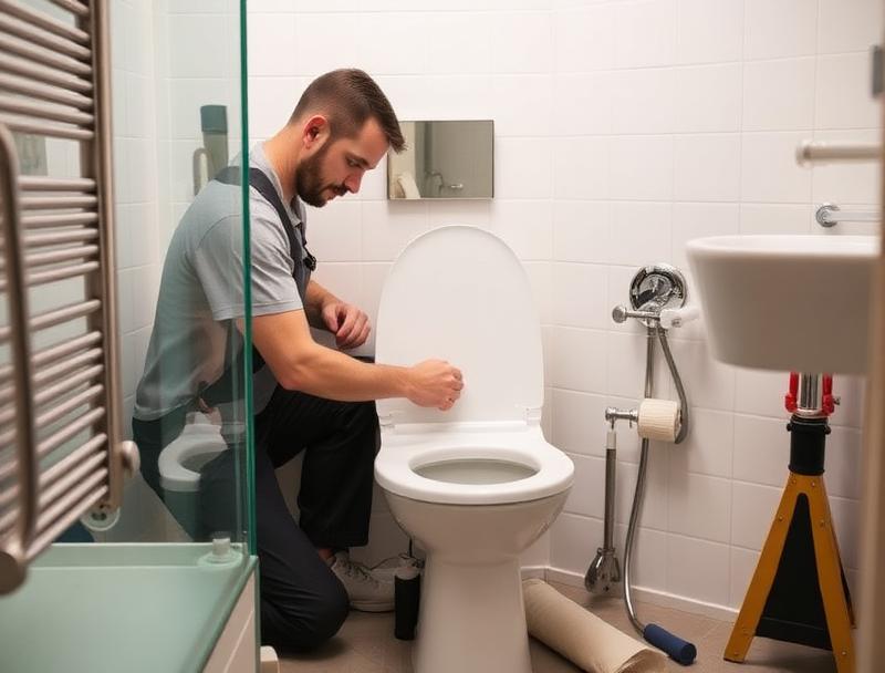 Professional plumber installing a new toilet
