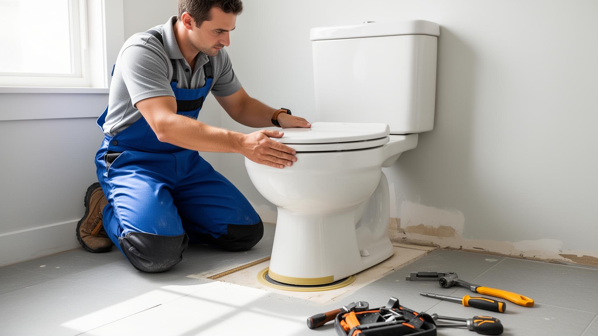 Plumber setting a new toilet onto the wax ring seal