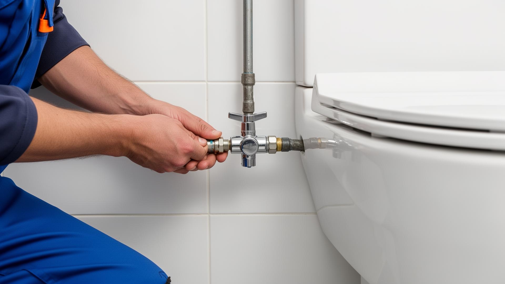 Plumber connecting water supply to a newly installed toilet