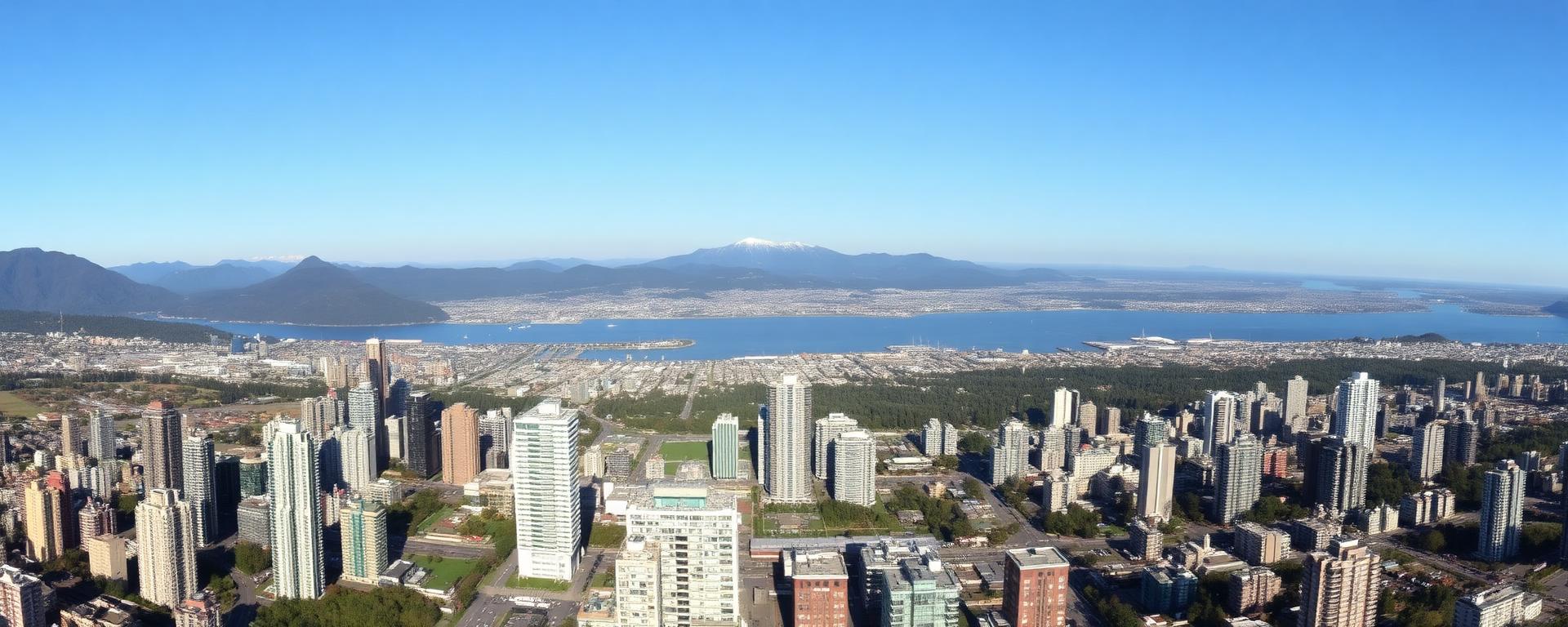 Aerial view of Vancouver BC with mountains and ocean