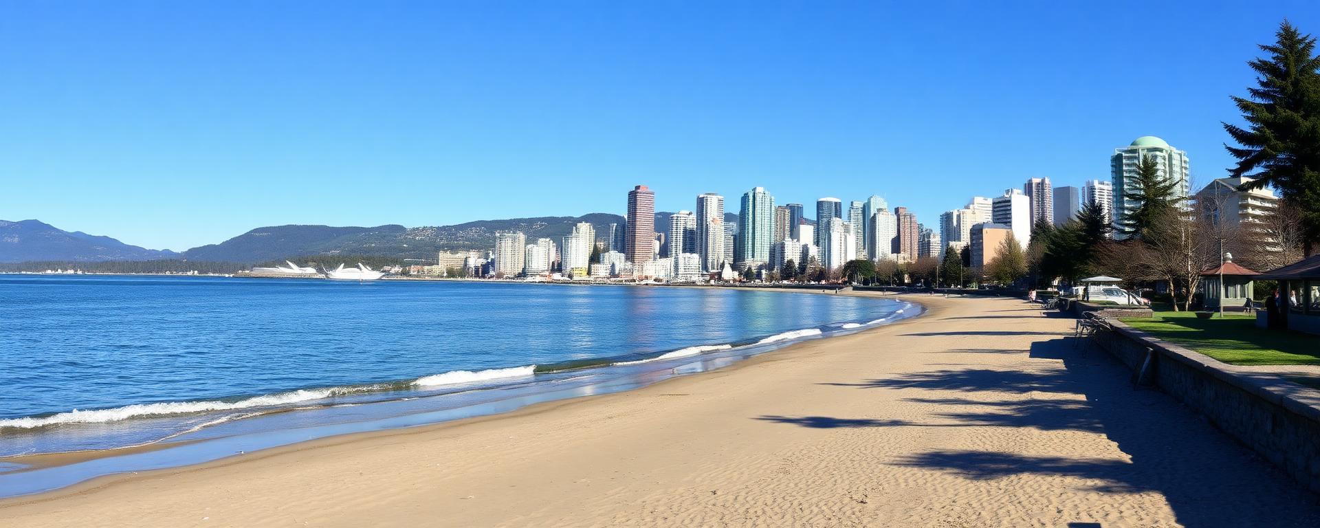 English Bay beach in Vancouver BC with city skyline