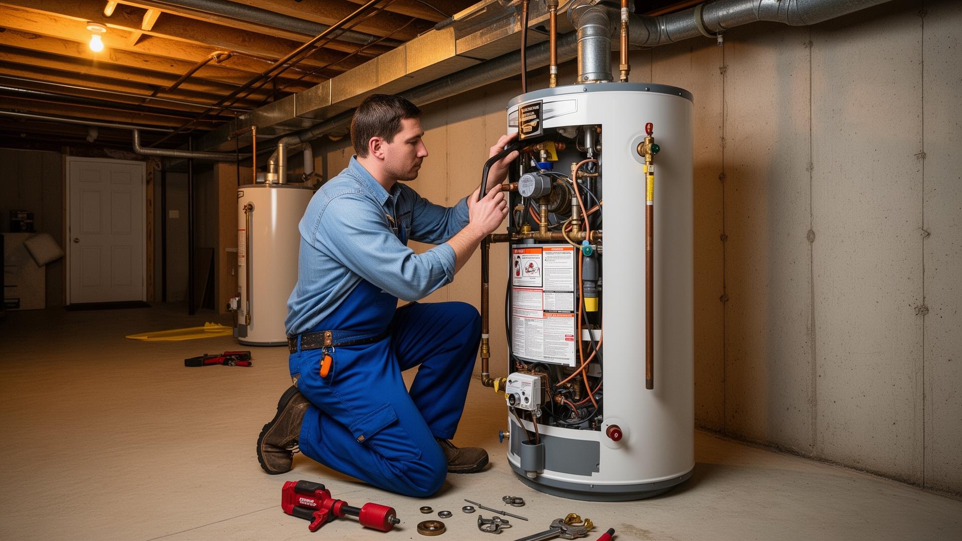 Professional water heater repair in progress